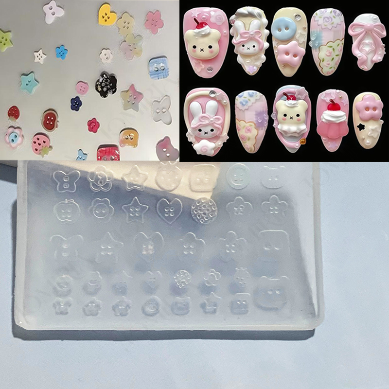Resin Art Template - 3D-Silikon-Nagelform mit Knopf-Design, niedliche, vielfältige Formen: