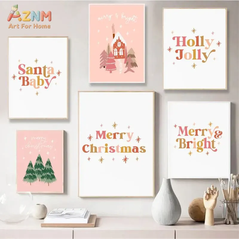 Xmas Resin Art - AZNM Pastellrosa Weihnachtsbrief-Haus-Kiefer-Diamant-Wandkunst, Warmer Weihnachtstext-Druck, Ungerahmtes