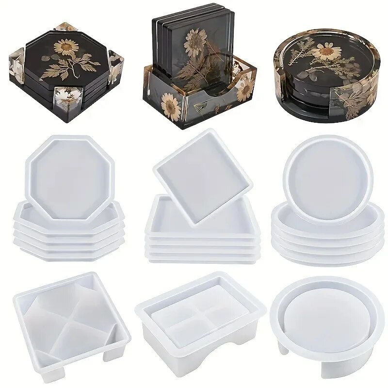 Pearl Powder Resin - Untersetzer-Harz-Formen-Set, bestehend aus 1 Stück Untersetzer-Aufbewahrungsbox-Form,